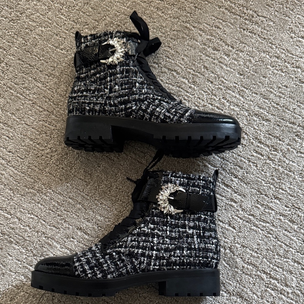 Michael Kors Tweed Combat Boots Black White Lace-Up Lug Sole | Size 9M